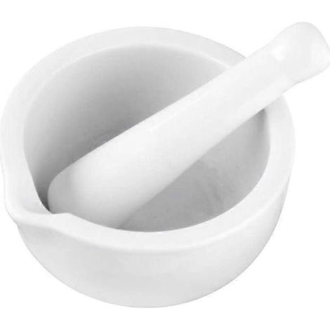 Mortier et pilon de cuisine en céramique blanche, compatible lave-vaisselle, pour écraser l'ail, le poivre, le persil, les épices, les sauces et les condiments. Dimensions : 11 x 6 cm. Vendu à l'unité (1/5)