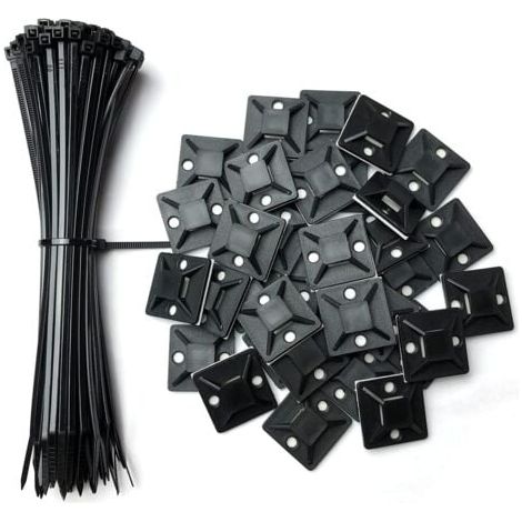 Lot de 100 supports adhésifs pour serre-câbles, 25 mm x 25 mm, noirs, auto-adhésifs, supports en plastique pour serre-câbles, 100 serre-câbles gratuits de 150 mm (1/4)