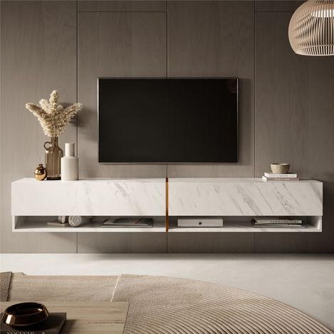 Selsey – Meuble TV 200 cm marbre blanc avec insert doré – 2 armoires verrouillables – 2 étagères ouvertes – Panneau stratifié résistant