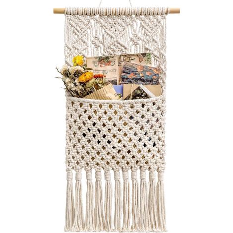 Pochette Murale Tissu Coton Macramé, Organisateur Courrier Suspendu, Pochettes Décoratives Boho, Rangement Mural Vertical, Blanc Ivoire, 33x73cm, Décoration Maison Tissée (1/5)