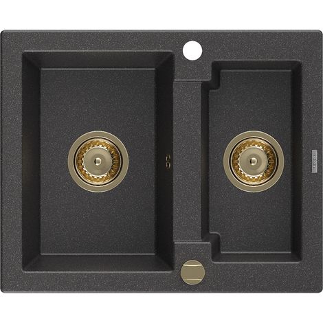 Mexen Carlos évier en granit à 1,5 cuve 582 x 475 mm, Noir moucheté, siphon Or - 6518581500-76-G (1/5)