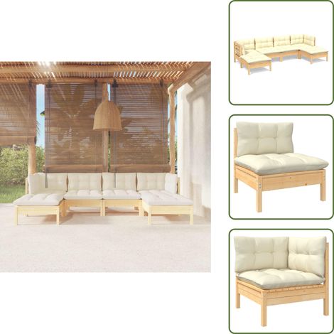 6-tlg. Garten-Lounge-Set mit Creme Kissen Kiefernholz - Gartengeräte - Lounge Set - Gartenmöbel - Kiefernholz Möbel - Outdoor Furniture