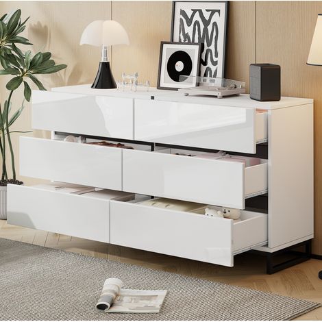 Wohnzimmer Sideboard (140 x 39.5 x 78.5 cm), 6 Schubladen, Hochglanzfronten, Metallbeine, Spanplatte, Weiß Schwarz (1/5)