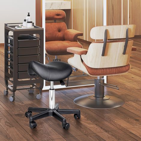 Tabouret à roulettes, assise en forme de selle, réglable en hauteur, pivotant à 360°, similicuir, noir, 35 x 38 x 45-55 cm
