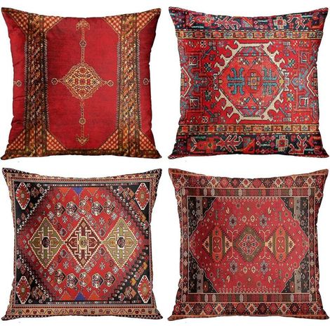 Dww 4-teiliges Set – Vintage-Teppich im persischen/türkischen Stil mit rotem Muster und Blumenmuster, Leinenkissenbezug, Heimkissen, Kissenbezug, geometrisches persisches Kelim-Muster, Wohnaccessoires (1/5)