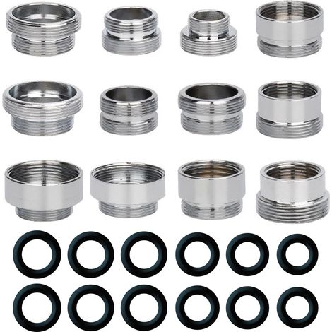 Set mit 12 silbernen Wasserhahnadaptern, 6 Innen- auf Außenanschluss + 6 Außenanschluss auf Außenanschluss, Größen 16-24 mm, mit 12 Unterlegscheiben, für Gartenschlauch und Wasserfilter (1/5)