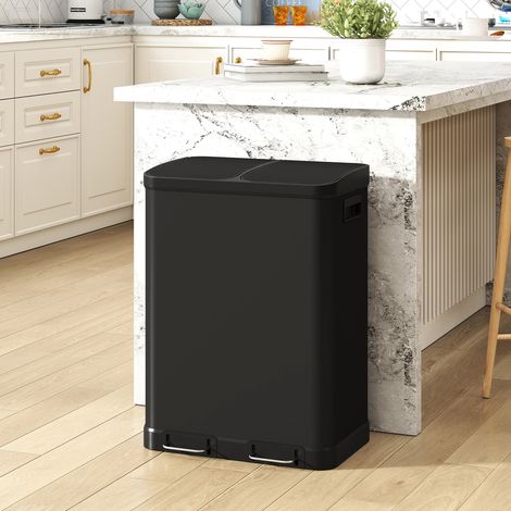 Poubelle de cuisine à double compartiment 2 x 30L avec pédale en acier inoxydable, couvercle à fermeture douce, noir (1/5)