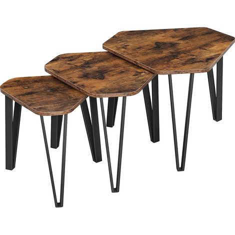 CALICOSY - Lot de 3 tables gigognes avec pieds en acier et décor bois rustique (1/5)