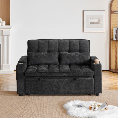MODFU – Canapé-lit 3-en-1 142 cm chenille – Design ondulé et 2 coussins lombaires – Rangements, poches et porte-gobelets – Studio ou chambre d'amis – Noir (1/5)
