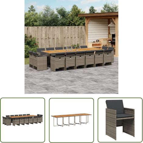 The Living Store 17-tlg. Garten-Essgruppe mit Kissen Grau Poly Rattan - Gartenmöbel - Essgruppe - Outdoor Möbel - Terrassenmöbel - Rattan Gartenmöbel