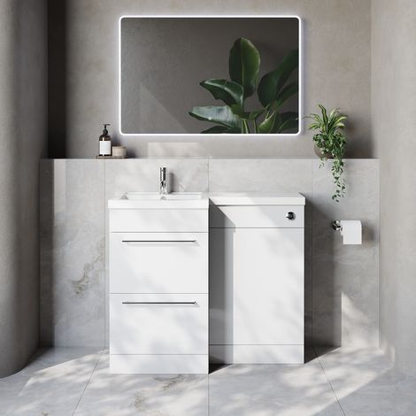 Napoli 390 Gloss White 1000mm 2 Drawer Vanity Unit Toilet Suite with Left Hand Square Lucia Basin - 1000mm - Chrome 320mm HandleWithout Kingston Toilet Pan