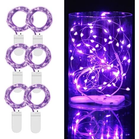 Lot de 6 guirlandes lumineuses LED miniatures violettes de 1 m, alimentées par piles. (1/5)