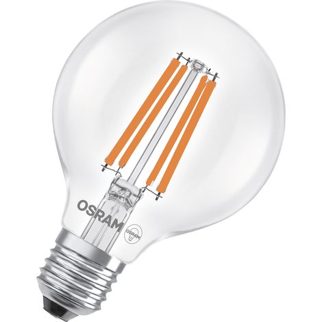 OSRAM en forme de globe classique, avec filament LED décoratif, classe d'efficacité énergétique A, E27, 5 W, 1055 lm, 4000 K, blanc froid. Sans échauffement, 100% d'éclairage immédiat.