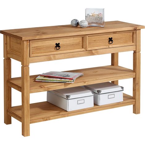Idimex – Console en pin massif Tequila – Finition cirée coloris antique – 1 tiroir et 2 étagères – Dimensions 78x110x37cm (1/4)