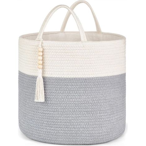 Woven storage basket, grey and white, 1 piece, 282828cm, decorated with natural rope, for living room and interior decoration. (1/5)