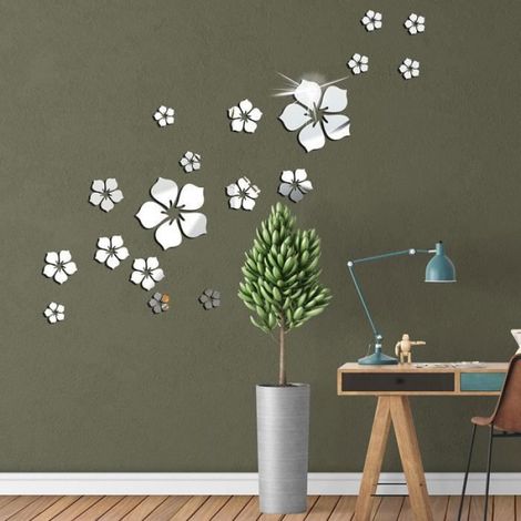Stickers muraux en forme de fleur, stickers muraux en acrylique 3D avec miroir, Argent (1/4)