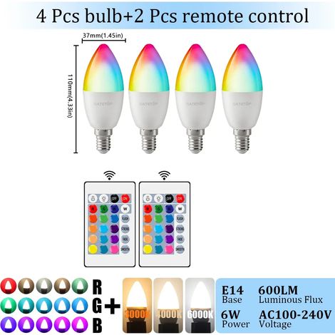 Lampes de croissance pour plantes Ampoule LED E14 (RGB 3000K, 4 unités, AC 100-240V) avec télécommande 24 touches, intensité variable, 6W et changement de couleurs, idéale pour chambre ou salon. (1/5)