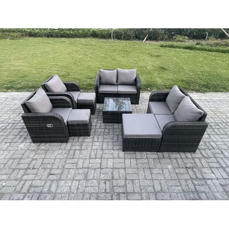 Fimous Gartenmöbel Set Rattan Lounge Sofa Stuhl im Freien mit ausgeglichenem Glastisch 3 Fußhocker Dunkelgrau Gemischt (1/5)