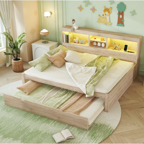 Divano letto 140x200 cm naturale in pannello truciolare e MDF con letto estraibile, LED e USB (1/5)