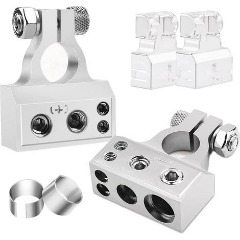 Set di morsetti per batteria con 2 coperture trasparenti e guarnizioni per la ristrutturazione dell'autoradio, colore argento. (1/5)
