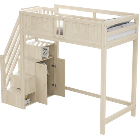 Holz-Hochbett 90 x 200 cm mit wendbarer Treppe mit Stauraum, Naturholzfarbe (1/5)