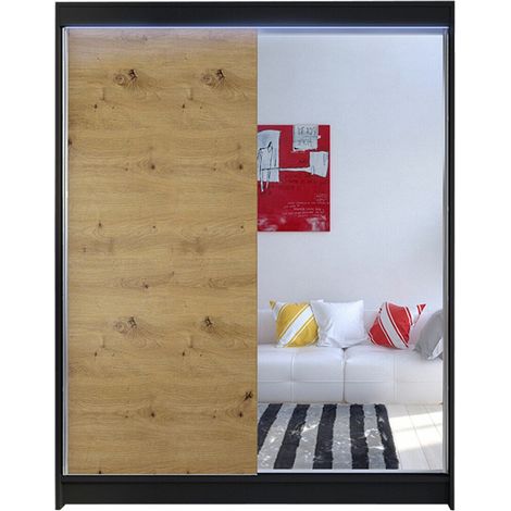 Armario Atlanta 140, Negro + Roble Artisan, 200x150x58cm, Puertas de armario: Correderas, LED (1/4)