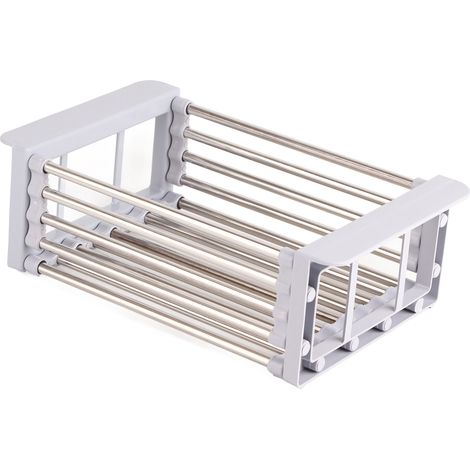 Égouttière rétractable en acier inoxydable, robuste et supportant une charge importante, pour vaisselle, fruits et légumes, petite taille, grise. (1/5)