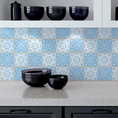 Sticker Mural Carrelage adhésif Cuisine Salle de Bain - 30 STICKERS CARREAUX DE CIMENT AZULEJOS ELVIRA - 30stickers20x20cm (1/5)