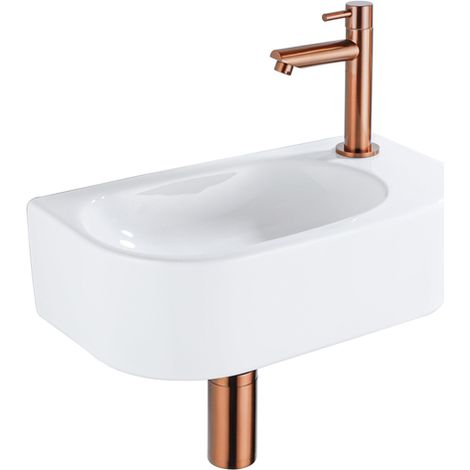 QeramiQ Fuente Ensemble de lavabo - 40x21.5x12cm - droit - lisse - demi-rond - 1 trou de robinet - céramique - robinet de lavabo cuivre brossé - bonde