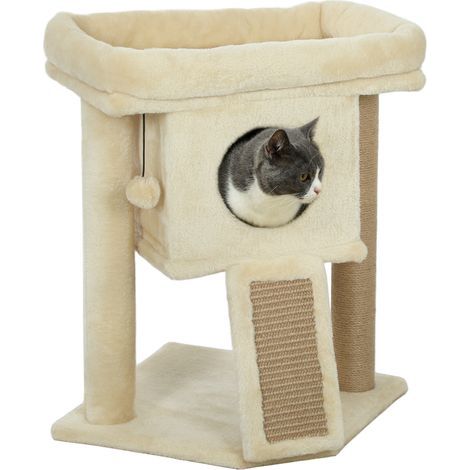 Albero per gatti con tiragraffi in juta, piattaforma di riposo, pallina da gioco, casetta per gatti, beige, 40 x 40 x 57 cm (1/5)