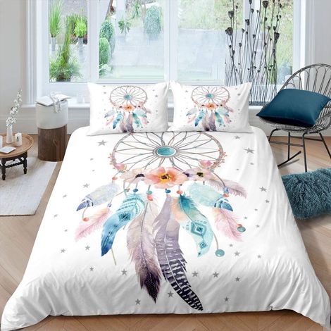 Attrapeur de rêves Housse de Couette 220x240cm Boho Attrapeur de rêves Parure de Lit Style Bohème Housse de Couette pour Filles Enfants Femmes Floral Fleurs Hippie Plume Couvre-Lit Housse 3 pièces - 2 (1/5)
