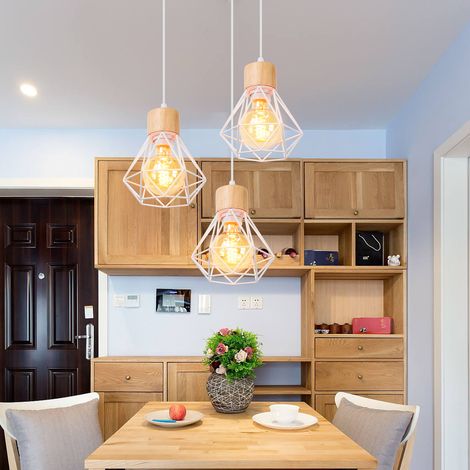 3 Luci Lampadario Industriale Lampada a Soffitto con Paralume a Diamanti in Metallo e Legno E27 per Soggiorno Cucina Camera da Letto Bianco