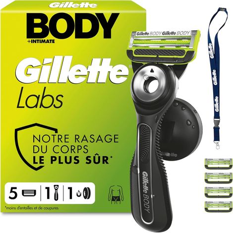 Labs Body + Intimate Rasoir Intime Homme pour Le Rasage du Corps Et du Pubis, Cartouche De Lames avec Une Barre Anti-Poils Incarnés, Manche Facile A Gripper, 5 Recharges, Tour De Cou