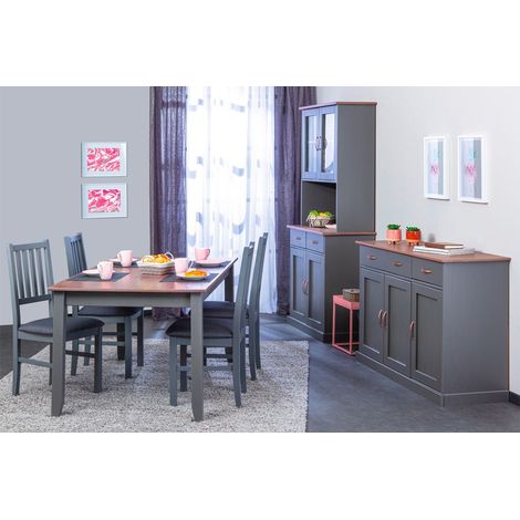 Altobuy – Ensemble salle à manger 6 places – Table 160cm en pin massif – Vaisselier 4 portes – Buffet 3 portes finition vernis gris