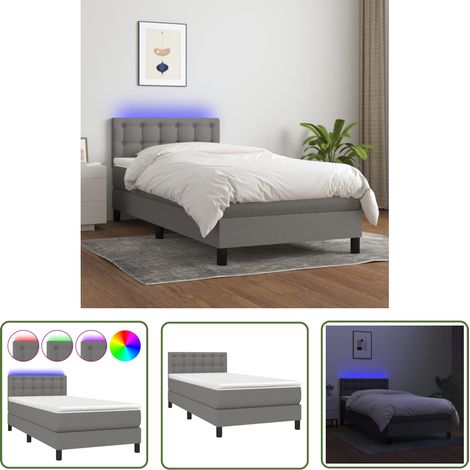 The Living Store Sommier à lattes de lit avec matelas et LED Gris foncé 90x190cm - Sommier Tapissier - Lit Plateforme - Lit Avec Led - Matelas À Ressorts Ensachés - Têted Lit Ajustable (1/5)