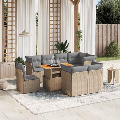 Salon de jardin 9 pièces avec coussins, résine tressée beige et table relevable, 81.8kg - PANGIVO (1/3)