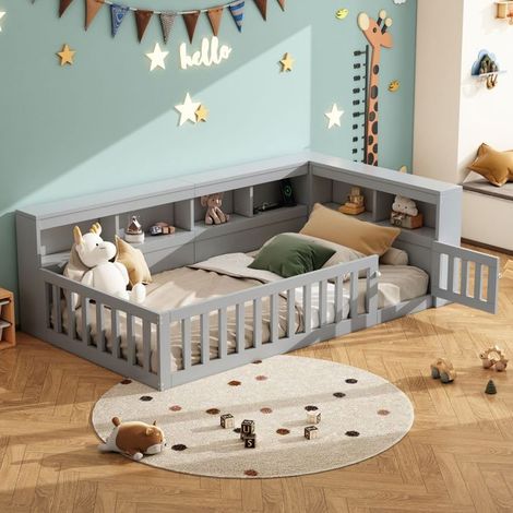 Lit combine enfant 90x200, garde-corps sécurité convertible lit enfant, structure panneaux bois, rangement intégré, ports usb (1/5)