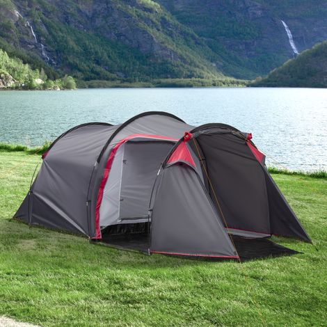 Tente tunnel camping 2-3 personnes, étanche, légère, 3 portes, fenêtres, 4,26×2,06×1,54m, polyester PE fibre verre, foncé rose