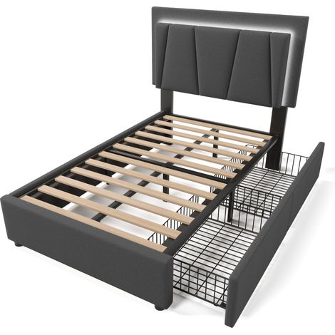 Lit rembourré avec éclairage LED et 2 tiroirs, tête de lit réglable en hauteur, lit simple 90x200cm, cadre de lit avec rangement, sommier à lattes en bois, gris (sans matelas) (1/5)