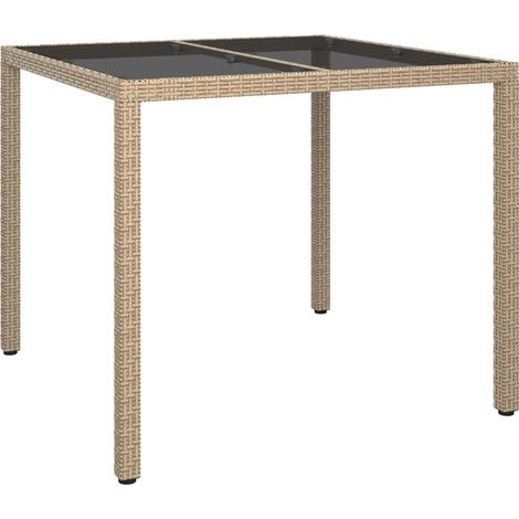 Garden Table 90x90x75 cm Tempered Glass and Poly Rattan Beige vidaXL