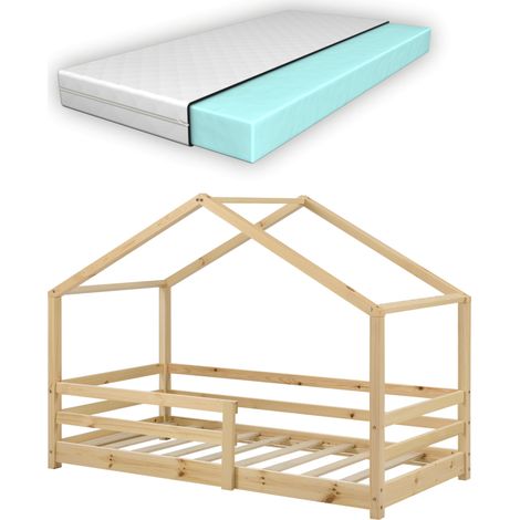 Casetta letto per bambini con materasso a molle e barriera in legno di pino naturale 80 x 160 cm 030005475