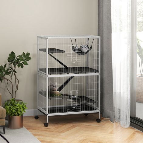 Jaula para Animales Pequeños con Ruedas Rampas Hamaca y Bandeja Extraíble para Chinchillas Hurones 80x52x128 cm Blanco (1/5)