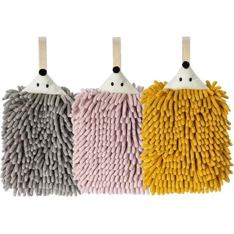 Lot de 3 serviettes de toilette en chenille à motif hérisson, avec boucle de suspension - Serviettes ultra-douces et absorbantes pour la salle de bain et la cuisine, séchage rapide, disponibles en jau (1/5)