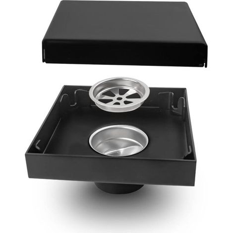 Bodenablauf 10 x 10 cm, schwarze Edelstahl-Duschrinne, quadratischer Bodenablauf, verdecktes Design, 40 mm Abflussrohrdurchmesser, insekten- und geruchsabweisend, für... (1/5)