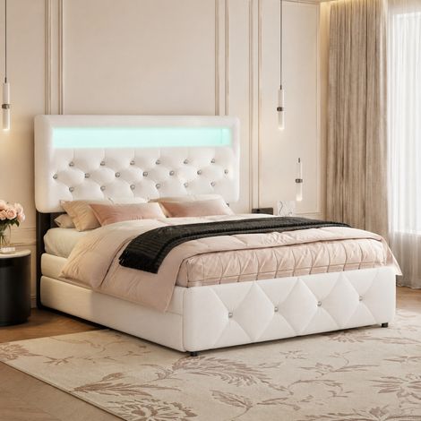 DESMIU Lit Banquette 140 × 200 cm 2 places avec 2 tiroirs, tiroir coulissant, sans matelas, en coton et lin, blanc (1/5)