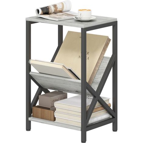 Table d\'appoint étroite, bout de canapé rangement à 3 niveaux, porte-revues en V, cadre en acier, 40x30x61cm, gris foncé (1/5)