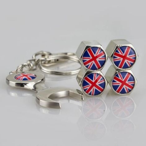 (Argent) 4 bouchons de valve de roue avec drapeau anglais et clé, accessoires universels pour voiture, compatibles avec MINI One et MINI Cooper Cabriolet (1/5)
