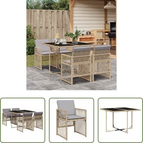 Gartentisch - 5-tlg. Garten-Essgruppe mit Kissen Beige Poly Rattan (1/5)
