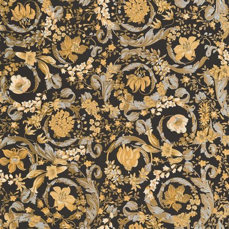 Papier peint floral noir et or Tapisserie intissée baroque fleurie Papier peint embossé facile à appliquer idéal pour chambre (1/2)