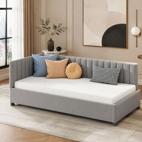 MODFU – Canapé 90x200 cm convertible – Tête réversible – Sommier lattes – Velours – 120 kg – Gris (1/5)